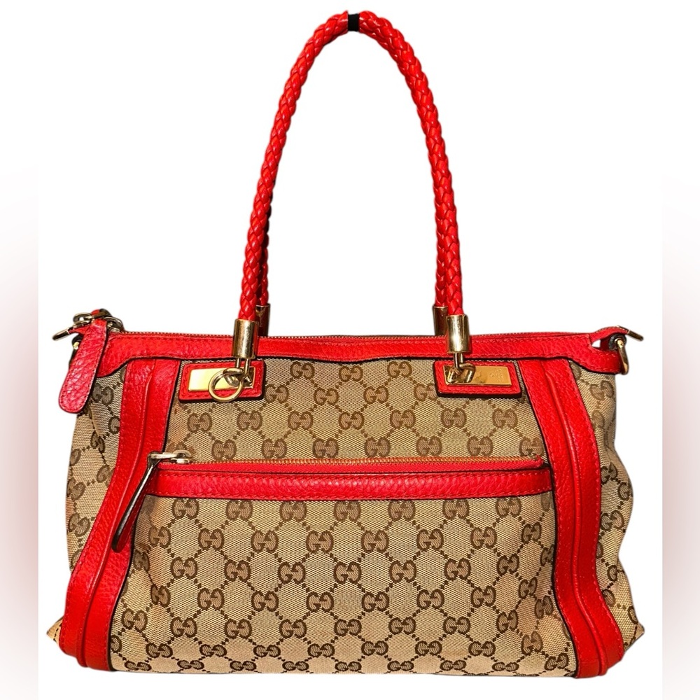 303-24 Preloved Gucci GG Braided Top Handle Bamboo Two Way Bag